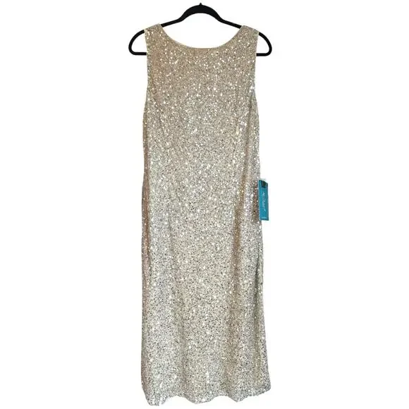 Mac Duggal Sleeveless Sequined Midi Sheath Dress Silver/Nude Size 14 NWT